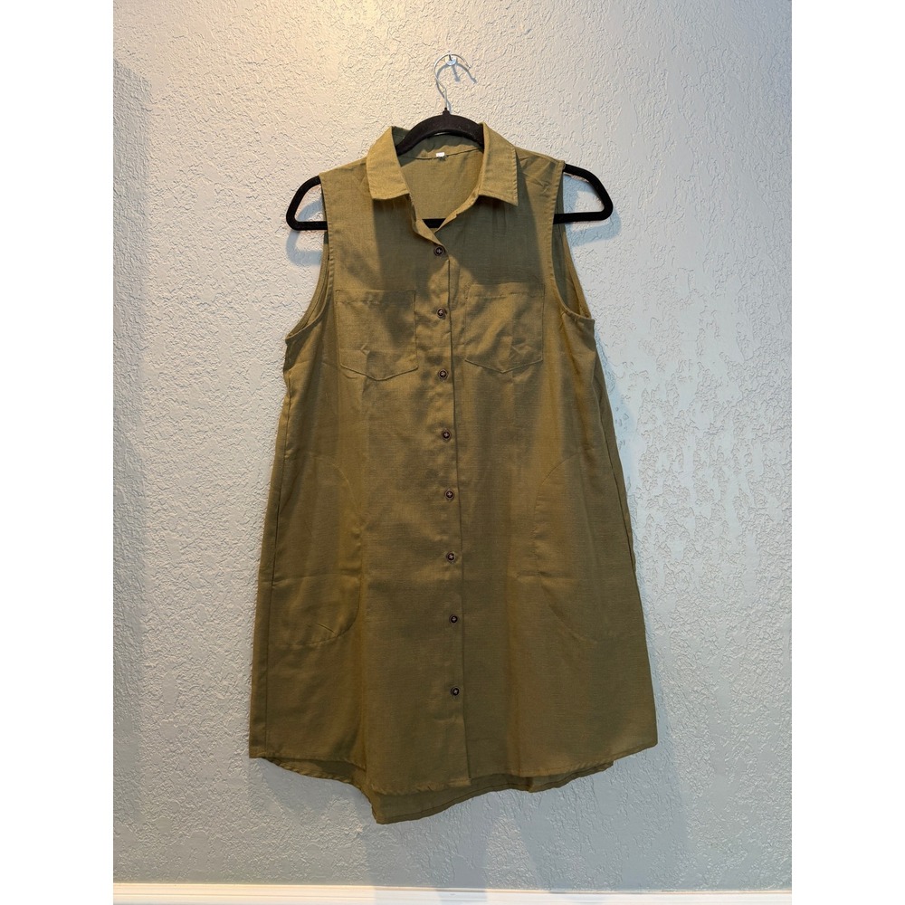 Olive Green Sleeveless Button Down Shirt Dress with Pockets Size Medium